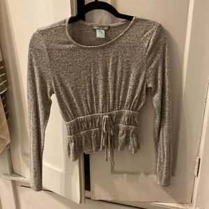 Grey knit long sleeve, cinched tie waist, top